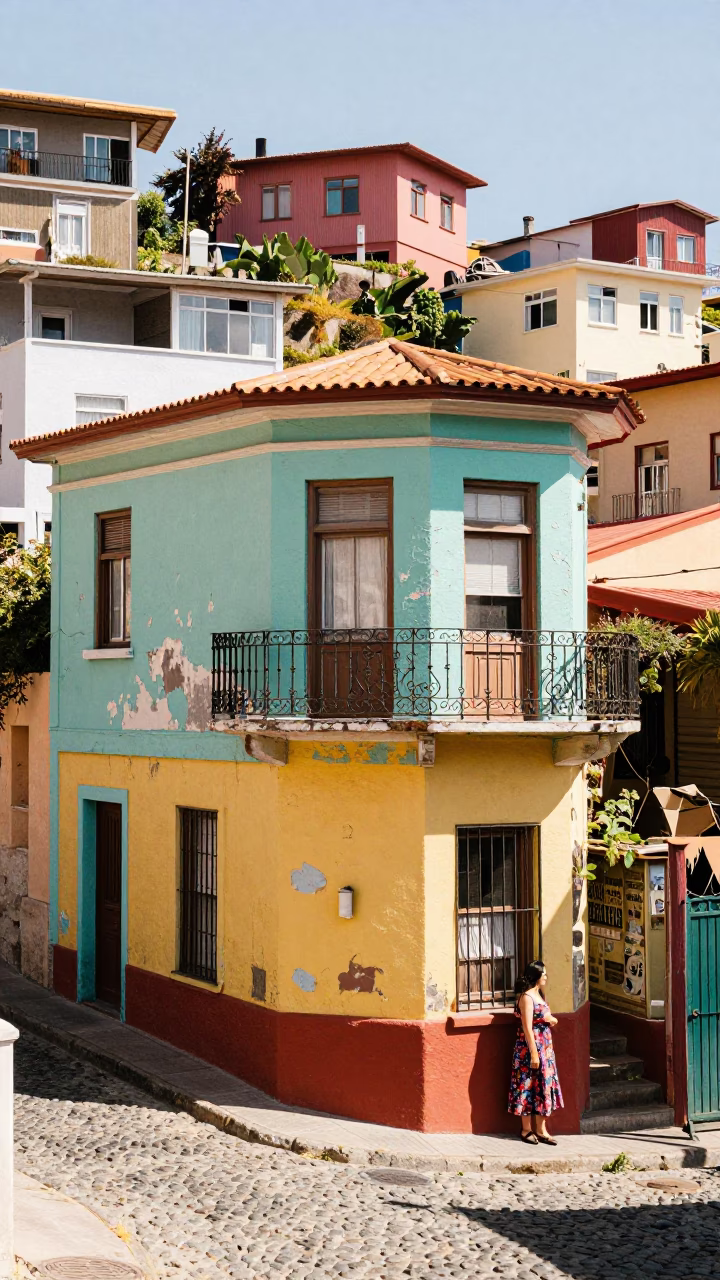 Bright Late Morning Light on Colorful Valparaiso Street Corner in in Valparaiso, Chile