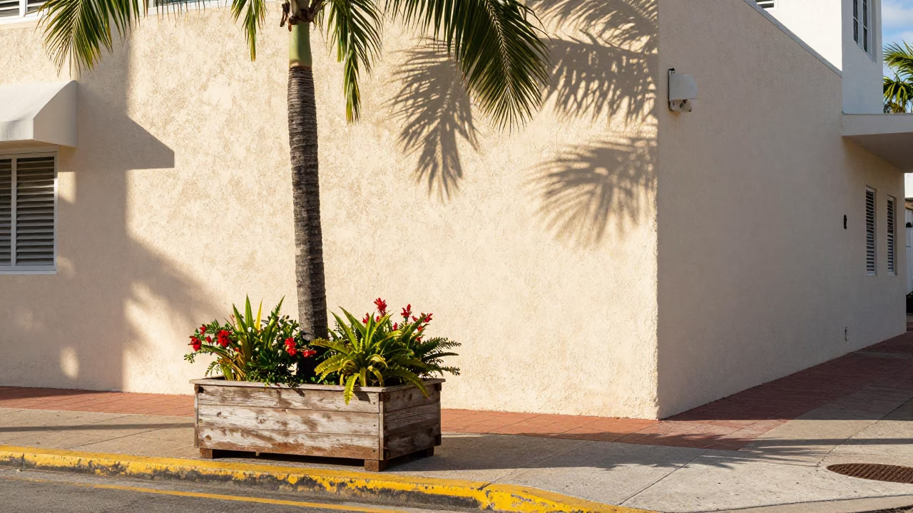 Bright Late Morning Street Corner in Miami Florida With Local Flora in in Miami, Florida, United States