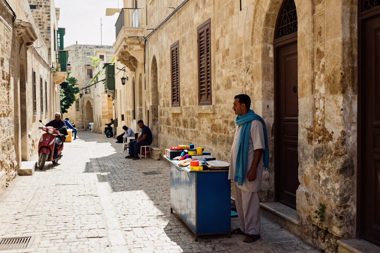 Bright Late Morning Street Scene in Alexandria Egypt with Local Vendor in in Alexandria, Egypt