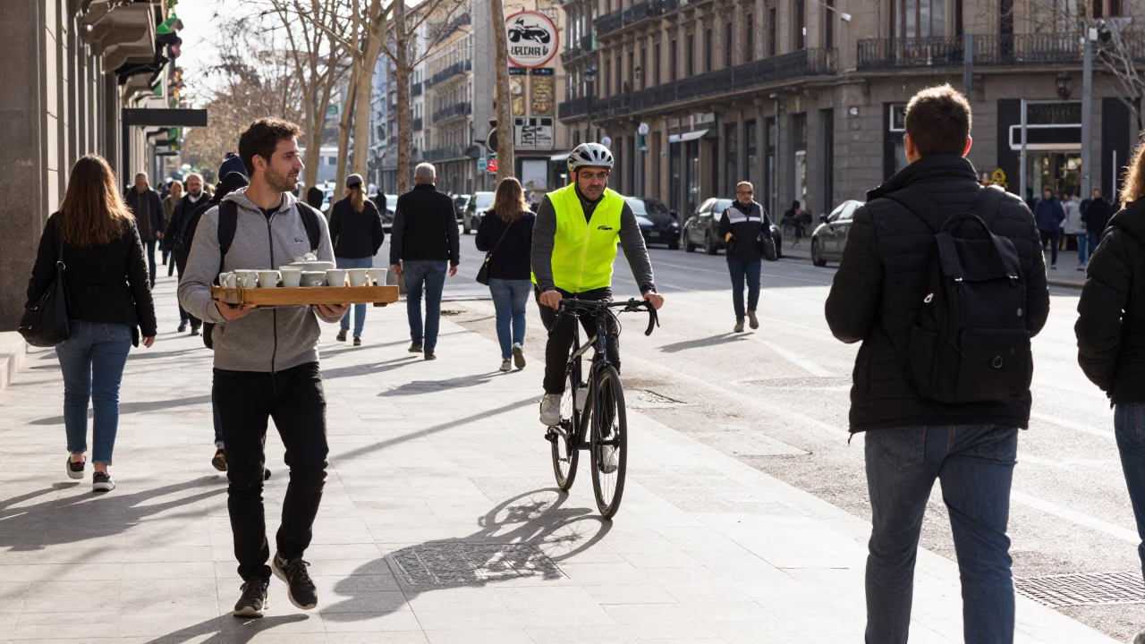 Bright Late Morning Street Scene in Barcelona with Cyclist and Tea Tray in in Barcelona, Spain