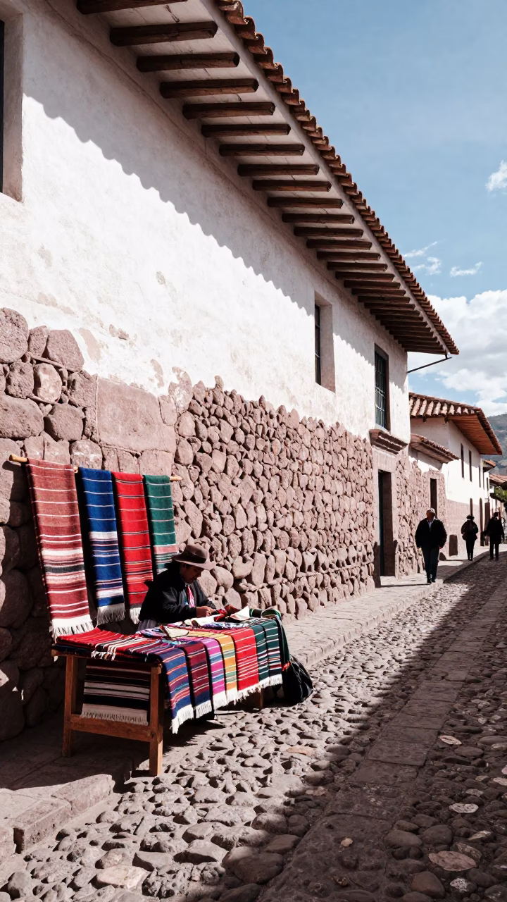 Bright late morning street scene in Cusco Peru with traditional textiles in in Cusco, Peru