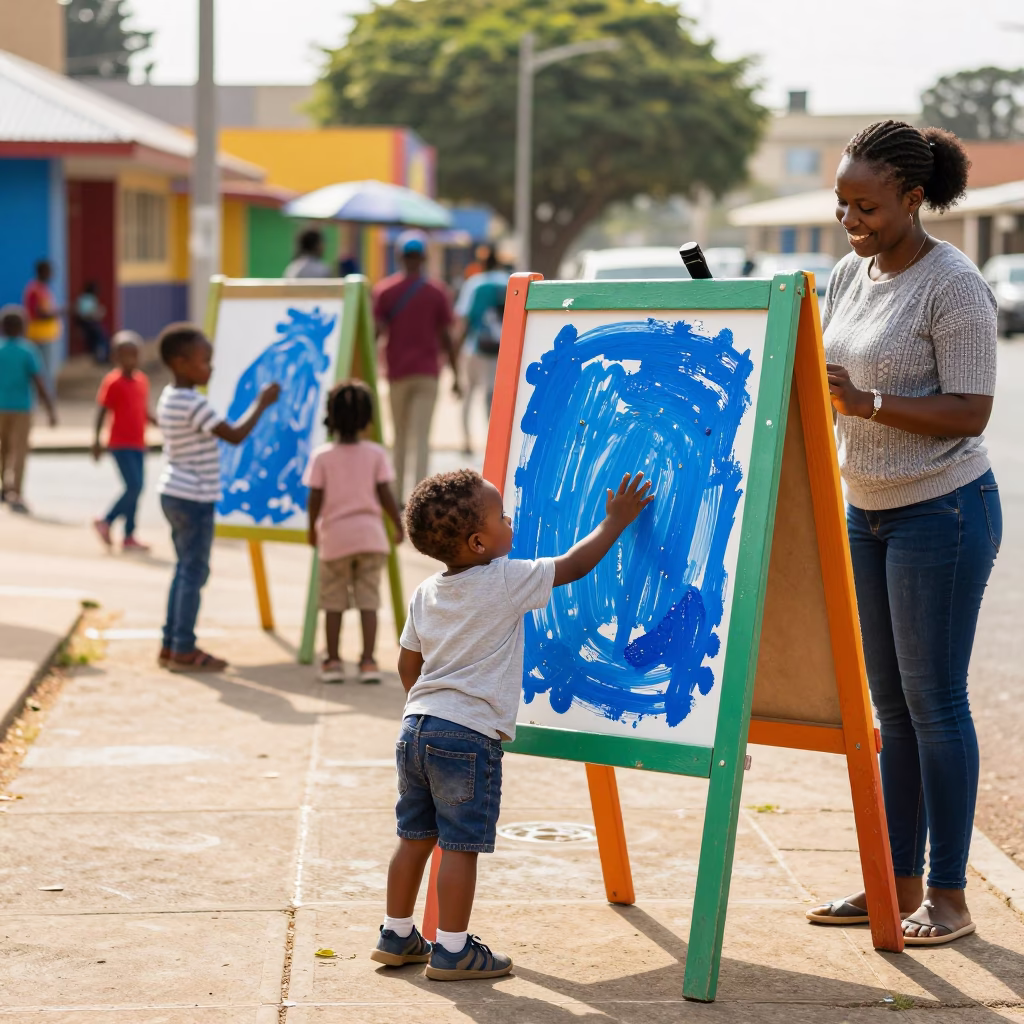 Bright Late Morning Street Scene in Durban South Africa with Colorful Preschool Art Display in in Durban, South Africa