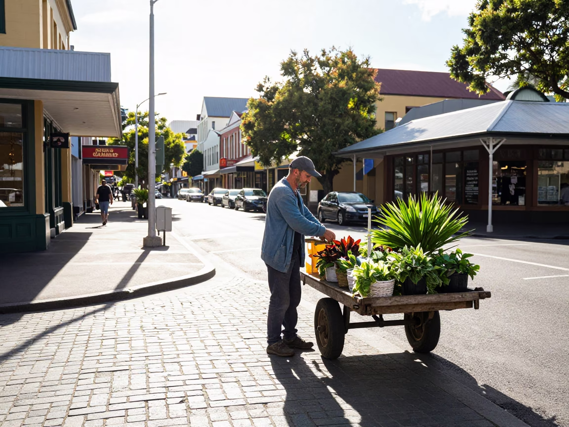 Bright Late Morning Street Scene in Hobart Tasmania with Gardener in in Hobart, Tasmania, Australia