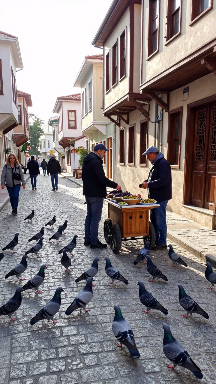 Bright Late Morning Street Scene in Izmir Turkey with Pigeons in in Izmir, Turkey