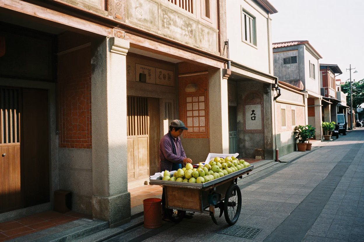 Bright Late Morning Street Scene in Tainan Taiwan with Local Vendor in in Tainan, Taiwan