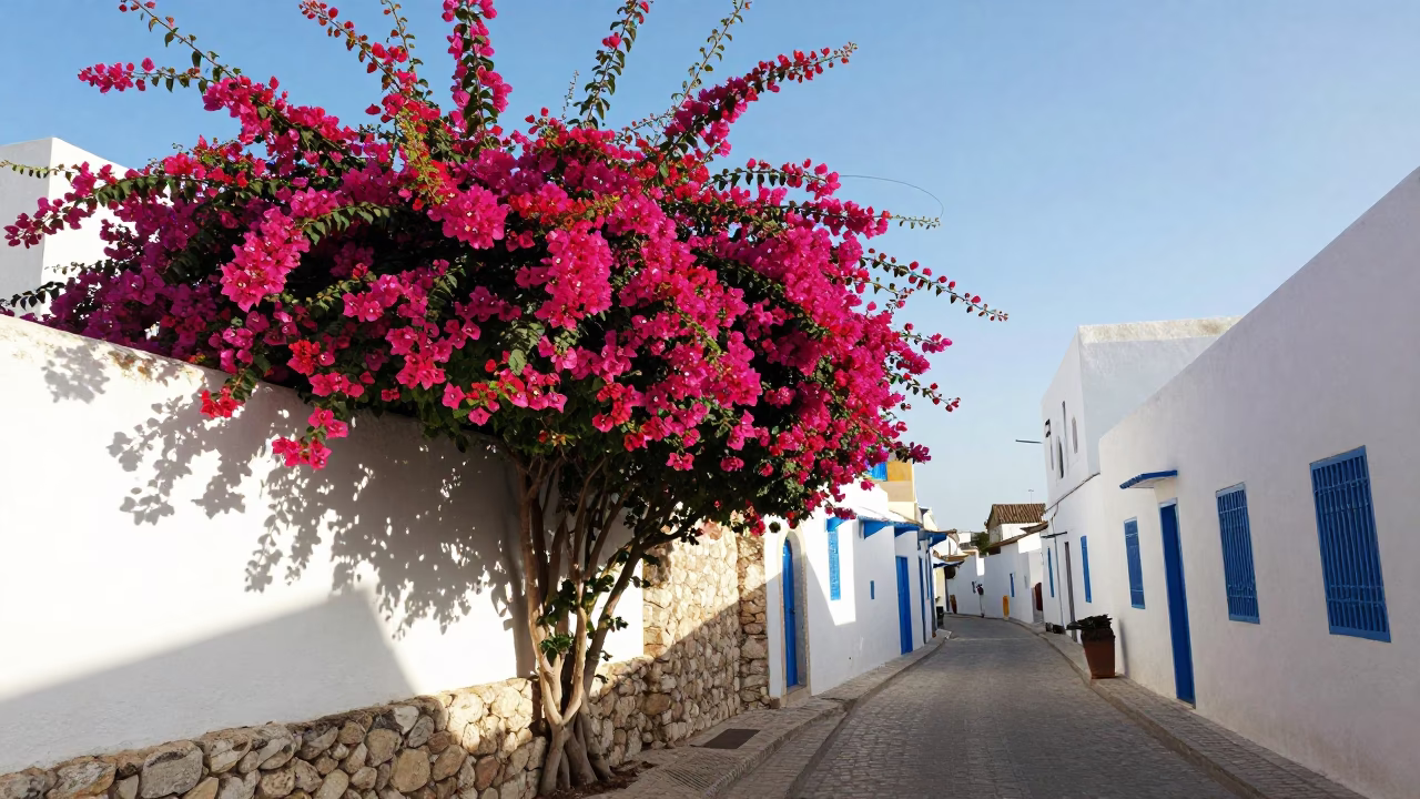 Bright Late Morning Street Scene in Tunis Tunisia with Bougainvillea in in Tunis, Tunisia