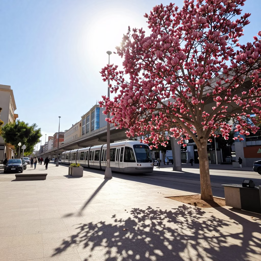 Bright Late Morning Sunlight on Valencia Street with Monorail and Magnolia Blossoms in in Valencia, Spain