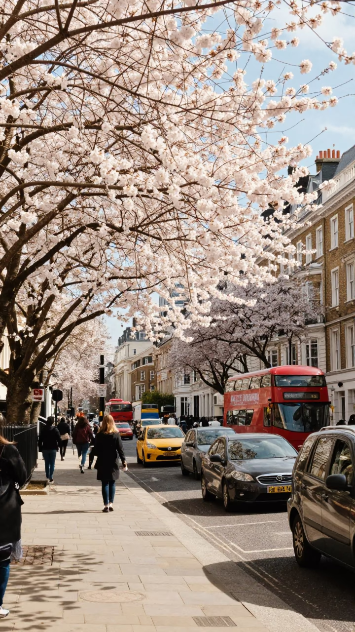 Bright London Midday Scene with Cherry Blossoms and Red Routemaster Bus in in London, United Kingdom