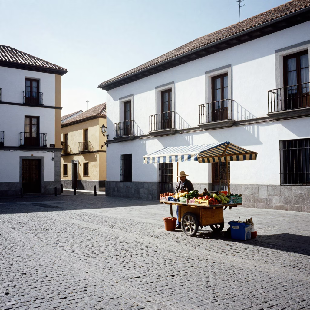 Bright Madrid Late Morning Street Scene with Sun Hats and Wicker Basket in in Madrid, Spain