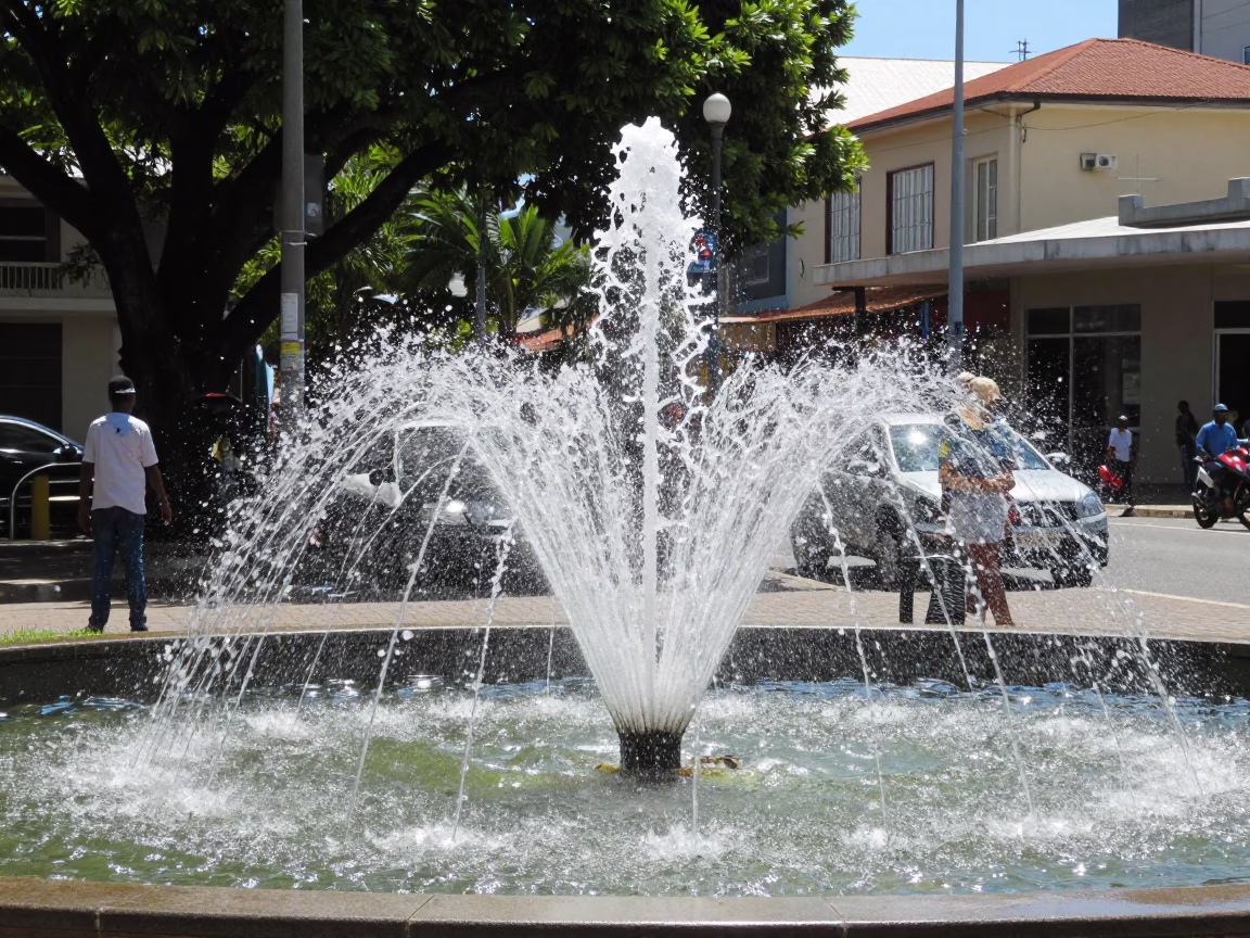 Bright Midday Durban Street Scene with Fountain Spray and Glass Cup Detail in in Durban, South Africa