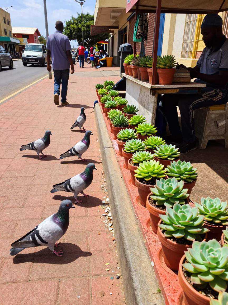 Bright Midday Durban Street Scene with Pigeons and Plant Pots in in Durban, South Africa