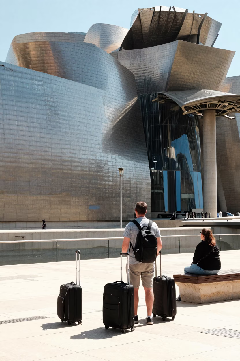 Bright Midday Street Scene in Bilbao Spain with Traveler Suitcases and Metal Padlock in in Bilbao, Spain
