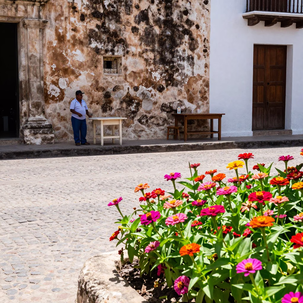 Bright Midday Street Scene in Cartagena Colombia with Colorful Zinnias and Local Architecture in in Cartagena, Colombia