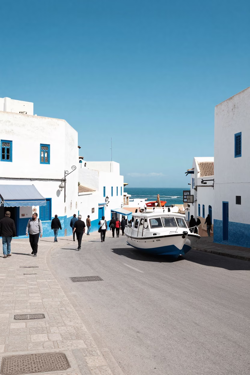 Bright Midday Street Scene in Essaouira Morocco with White Catamaran and Coastal Activity in in Essaouira, Morocco