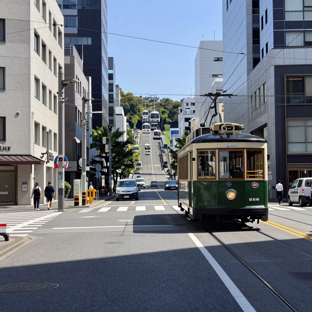 Bright Midday Street Scene in Fukuoka Japan with Cable Car and Urban Landscape in in Fukuoka, Japan