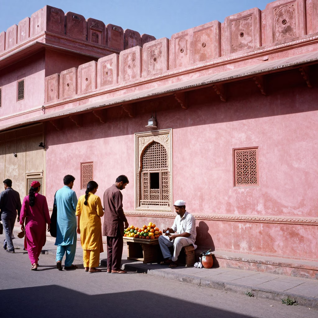 Bright Midday Street Scene in Jaipur India with Pink Sandstone Architecture and Local Vendor in in Jaipur, India