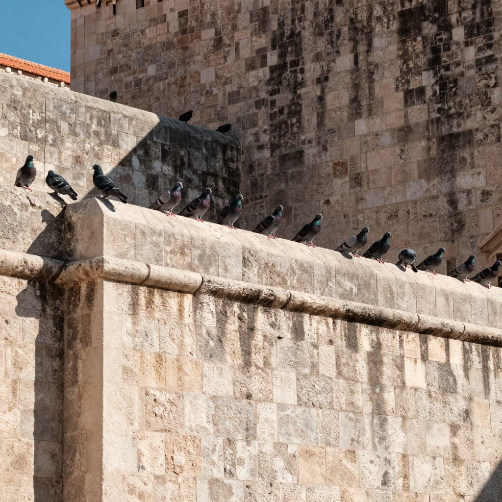 Bright Midday Sunlight on Dubrovnik Stone Walls with Pigeons and City Views in in Dubrovnik, Croatia