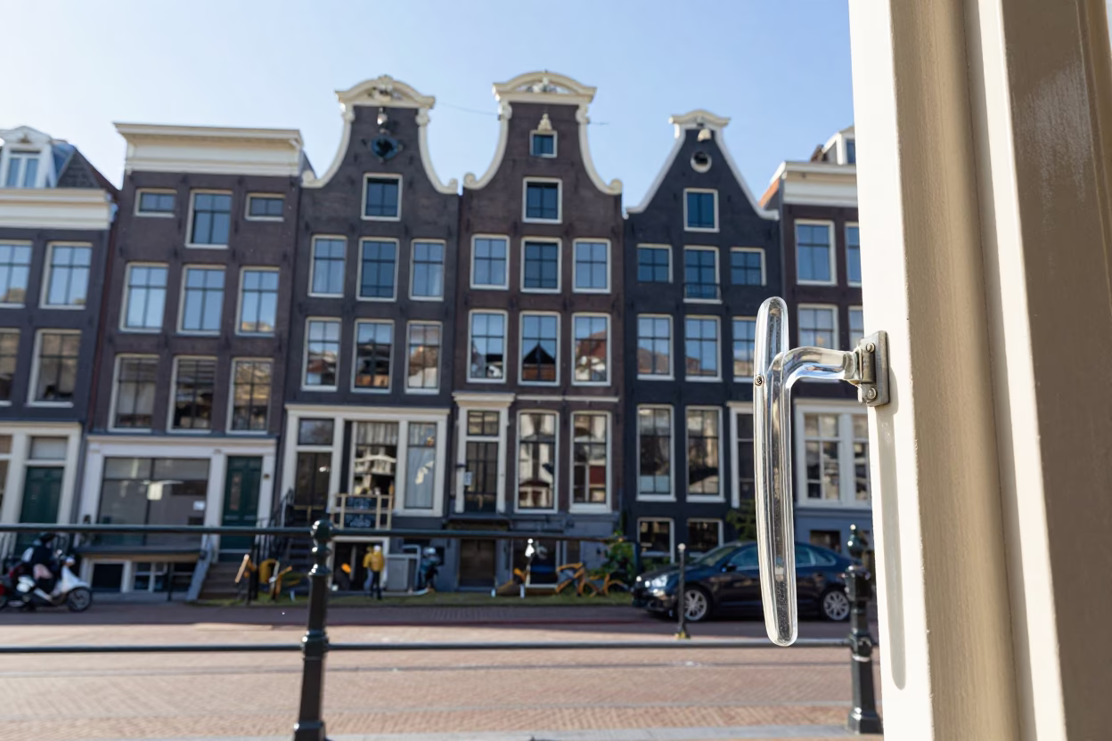 Bright Midmorning Amsterdam Street Scene with Clear Glass Handle and Local Details in in Amsterdam, Netherlands