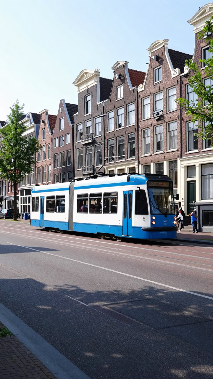 Bright Midmorning Amsterdam Street Scene with Vintage Tram and Canal Houses in in Amsterdam, Netherlands
