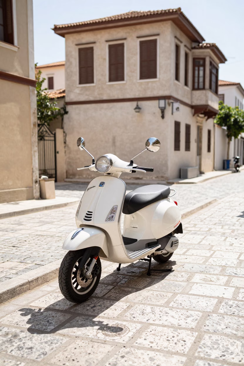 Bright Midmorning Athens Street Scene with Vintage Vespa on Cobblestones in in Athens, Greece