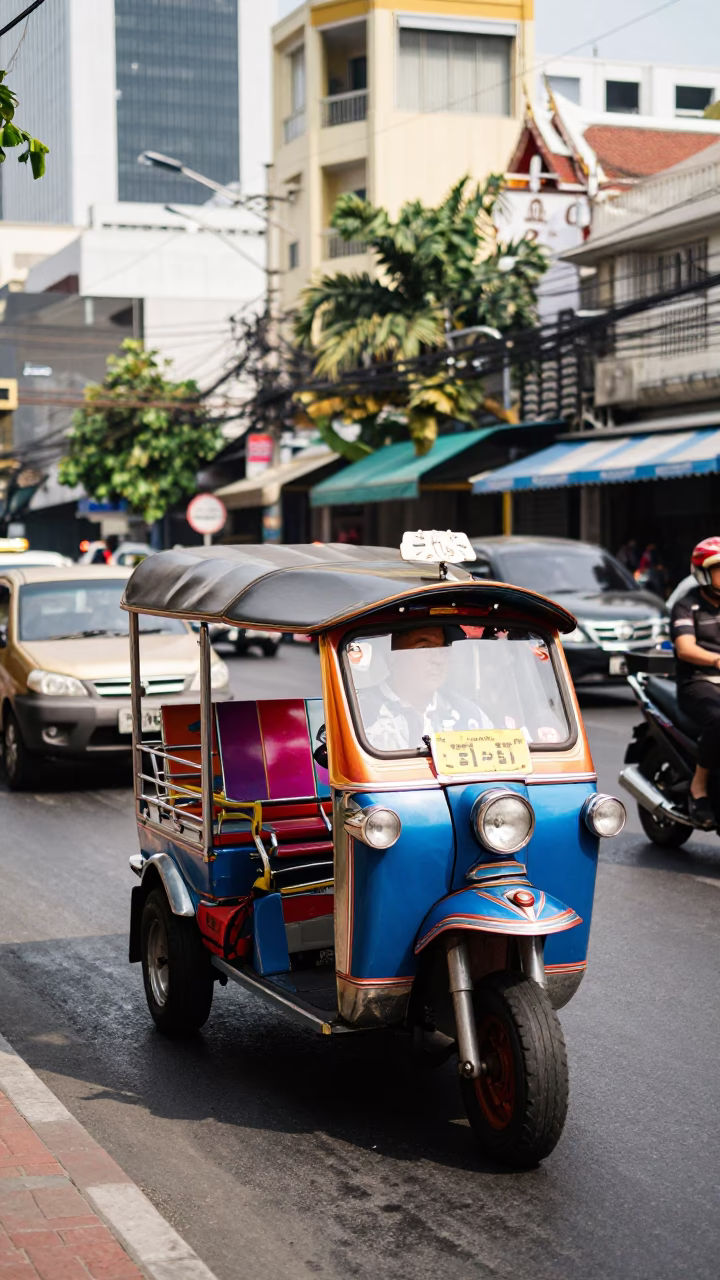 Bright Midmorning Bangkok Street Scene with Tuk-Tuk and Copper Pots in in Bangkok, Thailand