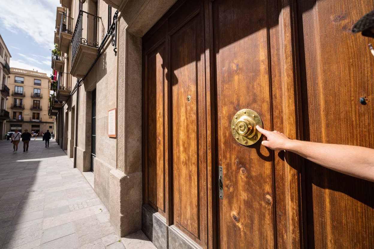 Bright Midmorning Barcelona Street Scene with Brass Hardware and Wicker Shadows in in Barcelona, Spain
