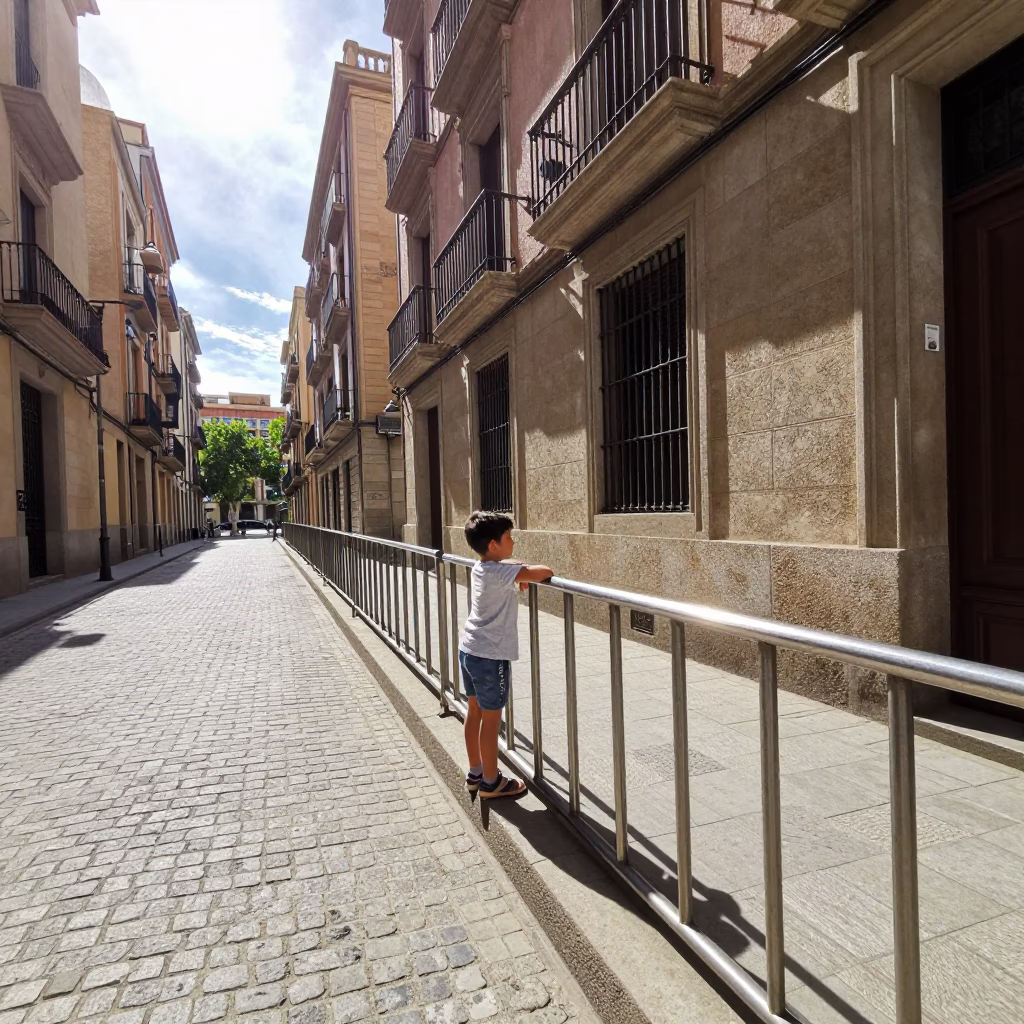 Bright Midmorning Barcelona Street Scene with Brushed Steel Rail and Watering Jug in in Barcelona, Spain