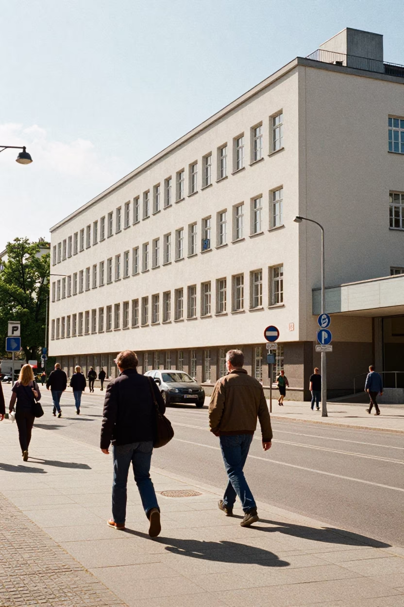 Bright Midmorning Berlin Street Scene with Bauhaus School Building Geometric Windows in in Berlin, Germany