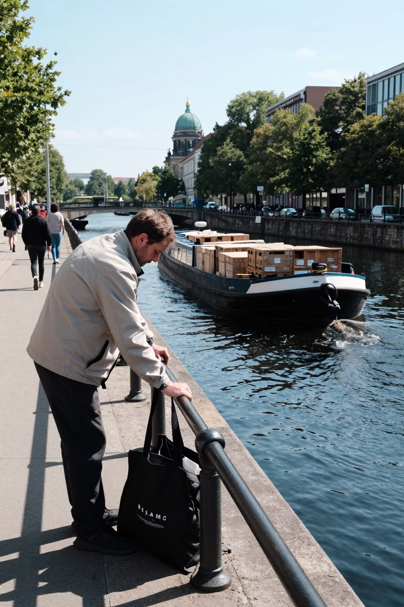 Bright Midmorning Berlin Street Scene with Canal Barge and Latch Detail in in Berlin, Germany