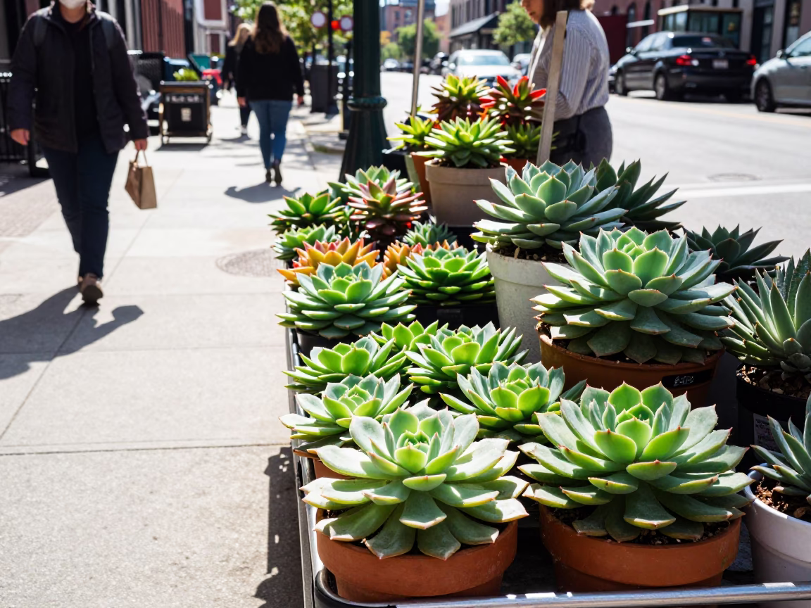 Bright Midmorning Boston Street Scene with Potted Succulents and Historic Architecture in in Boston, Massachusetts, United States