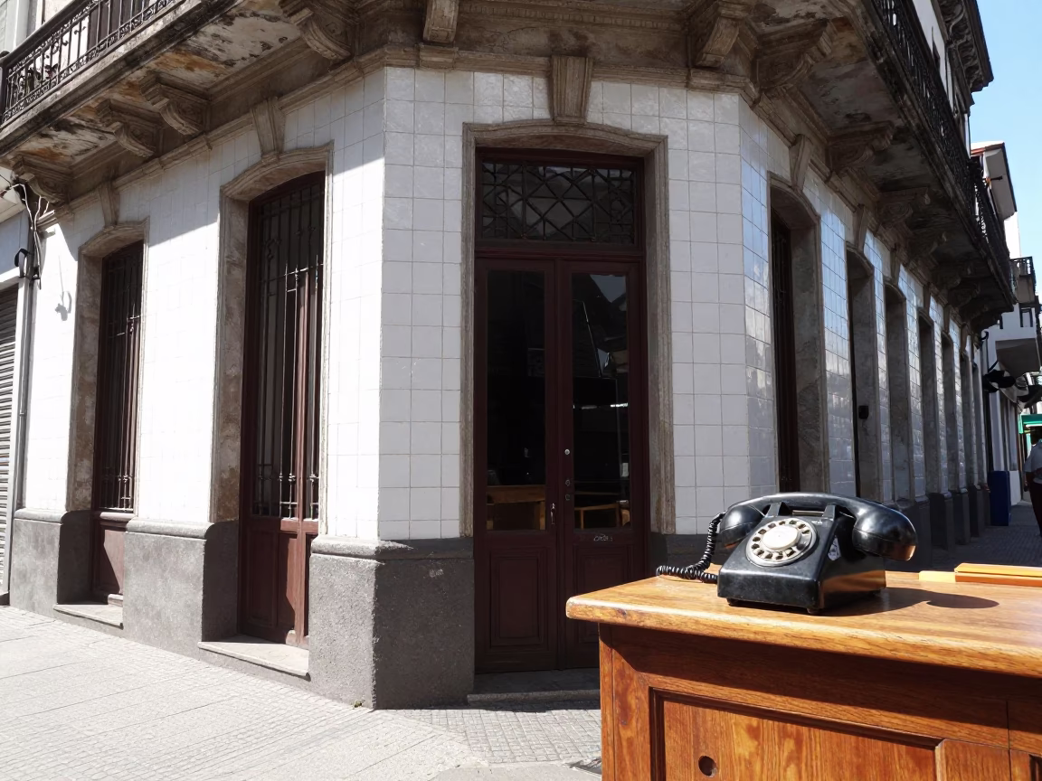 Bright Midmorning Buenos Aires Street Scene with Vintage Bakelite Telephone and Ceramic Tiles in in Buenos Aires, Argentina