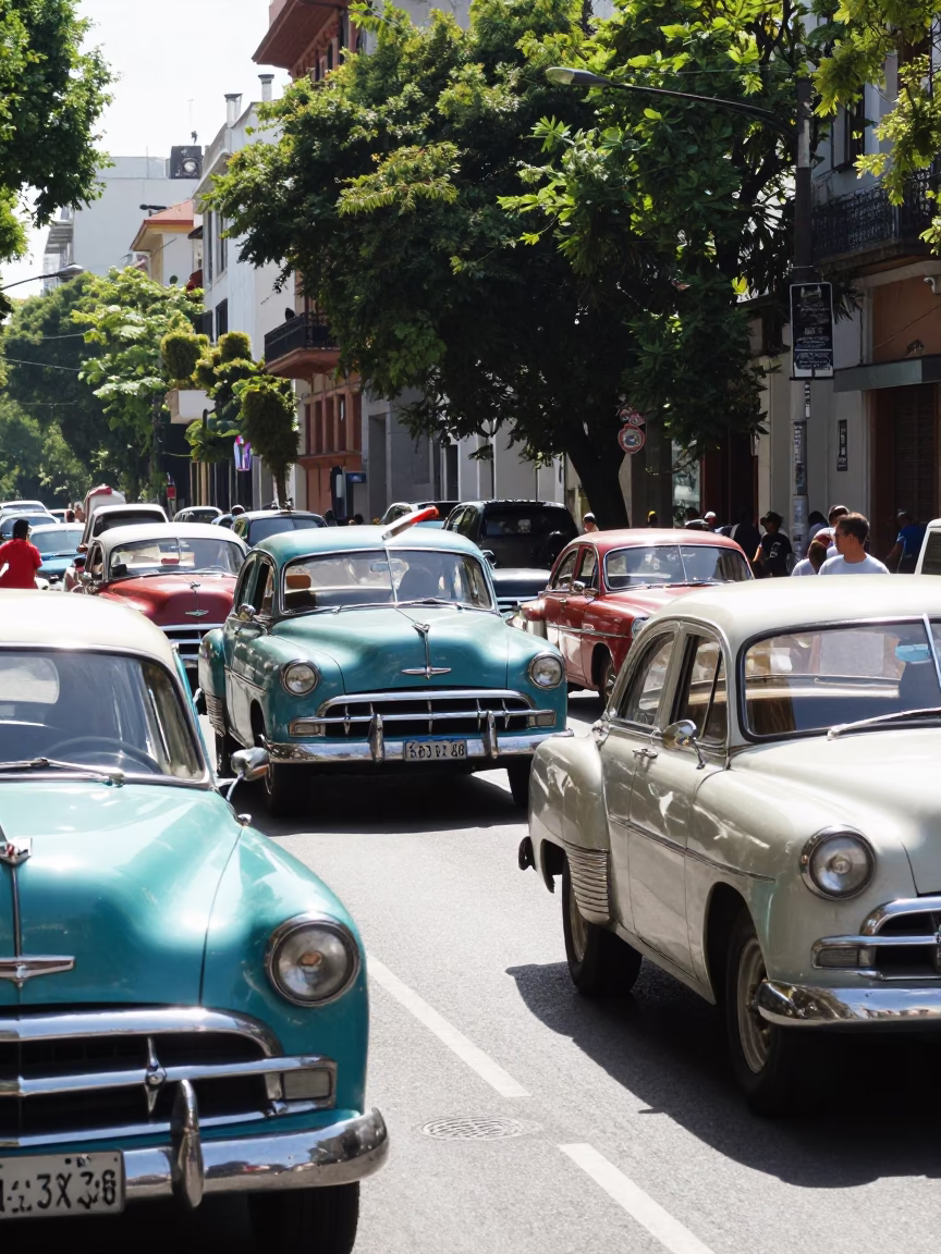 Bright Midmorning Buenos Aires Street Scene with Vintage Car Rally and Local Life in in Buenos Aires, Argentina