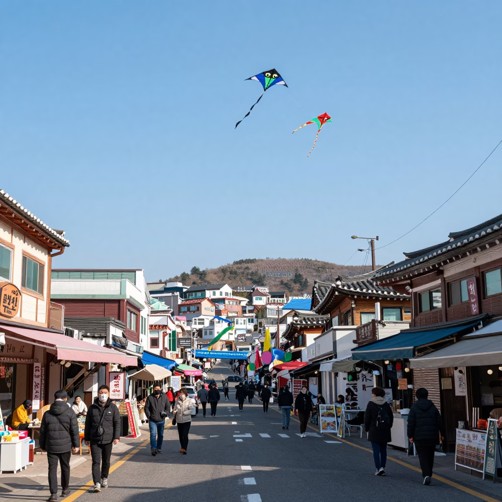 Bright Midmorning Busan Street Scene with Colorful Kites Flying Over Traditional Market in in Busan, South Korea