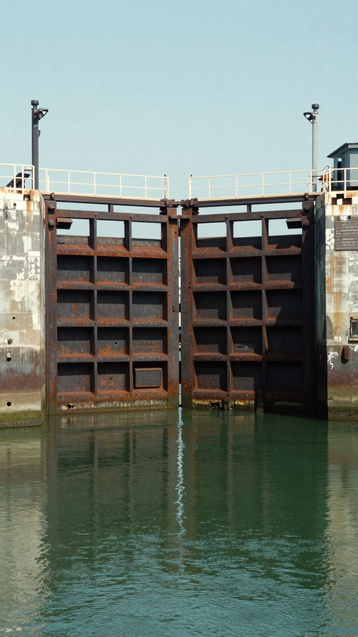 Bright Midmorning Canal Lock Gate Closing on Still Green Water in New Orleans Louisiana in in New Orleans, Louisiana, United States