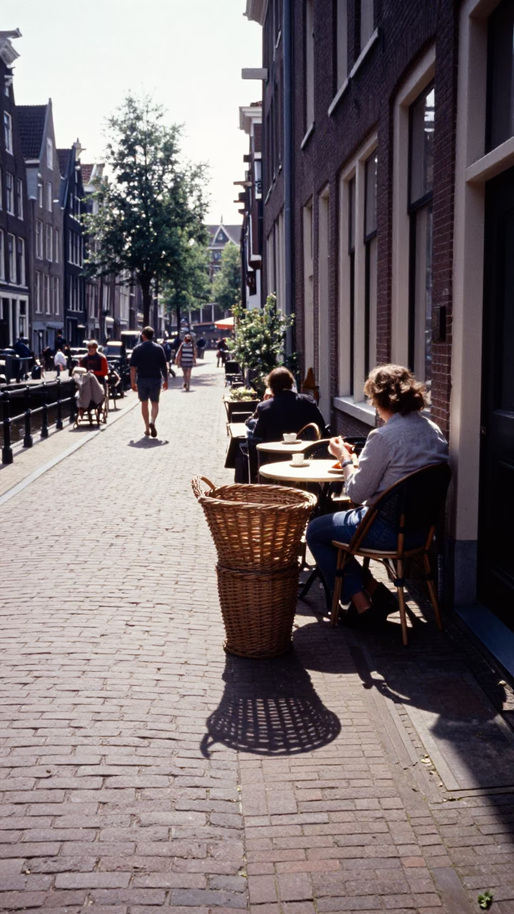 Bright Midmorning Canal Scene in Amsterdam with Wicker Basket Shadow on Table in in Amsterdam, Netherlands
