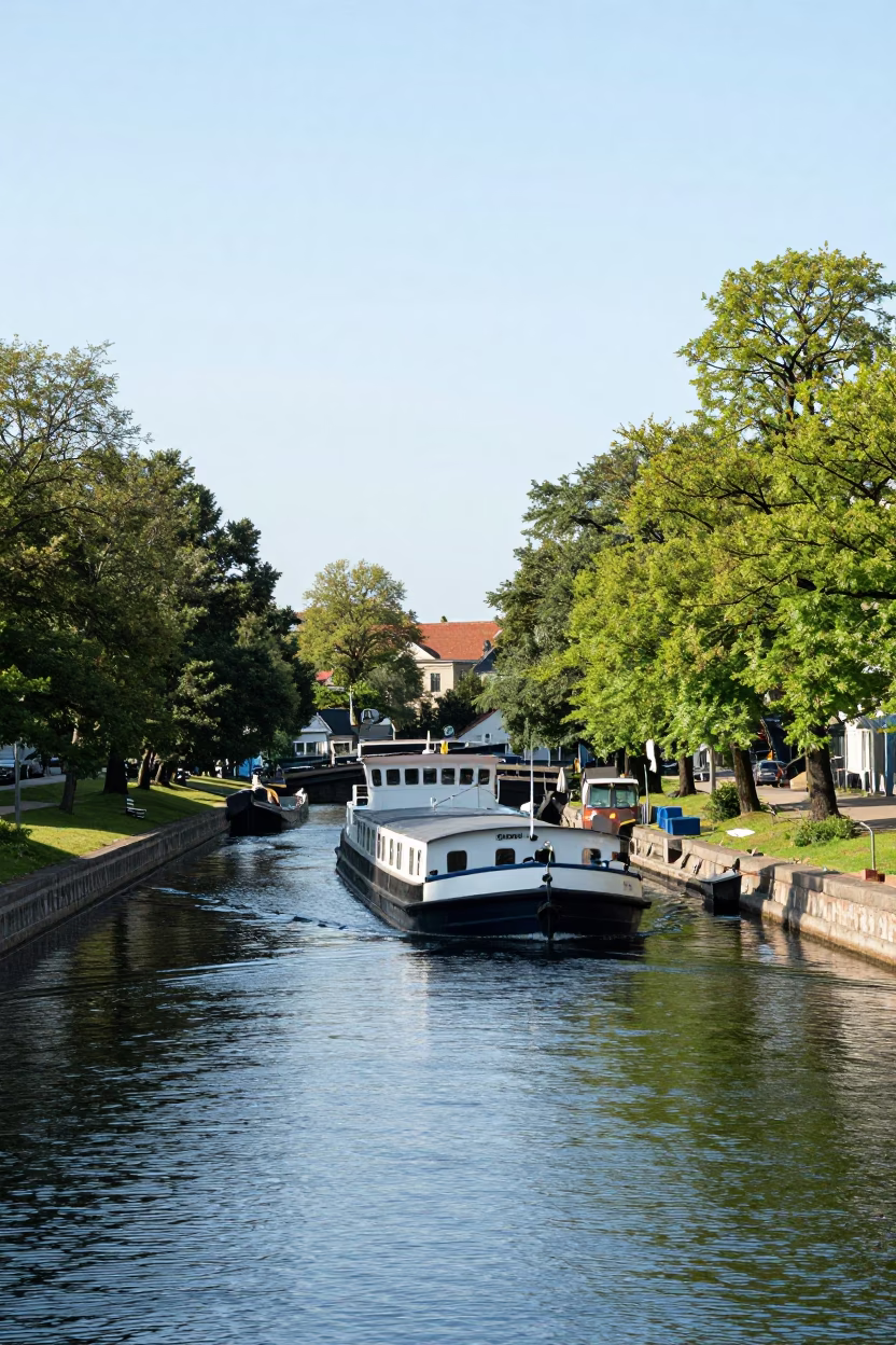 Bright Midmorning Canal Scene in Copenhagen Denmark with Barge and Tree Lined Waterway in in Copenhagen, Denmark