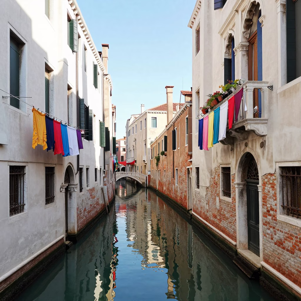 Bright Midmorning Canal Scene in Venice Italy with Colorful Laundry and Traditional Architecture in in Venice, Italy