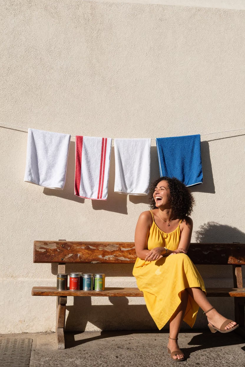 Bright Midmorning Cape Town Street Scene with Drying Towels and Spice Tins in in Cape Town, South Africa