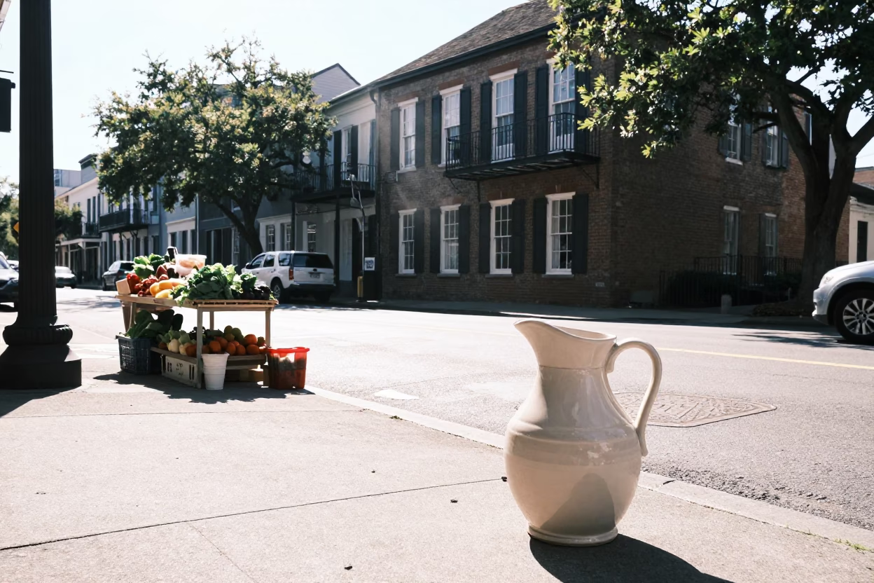 Bright Midmorning Charleston Street Scene with Ceramic Pitcher and Rusty Tile Detail in in Charleston, South Carolina, United States