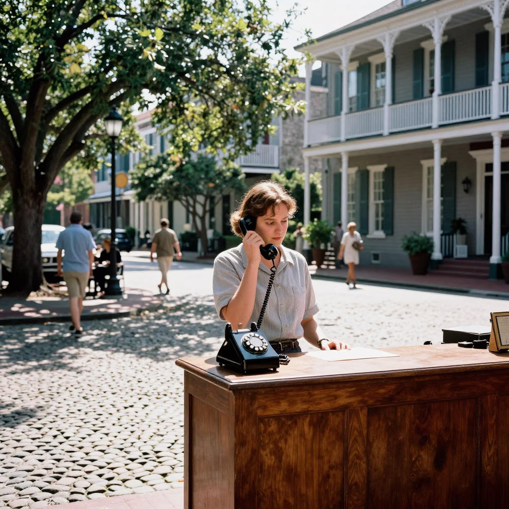 Bright Midmorning Charleston Street Scene with Vintage Bakelite Telephone and Local Interaction in in Charleston, South Carolina, United States