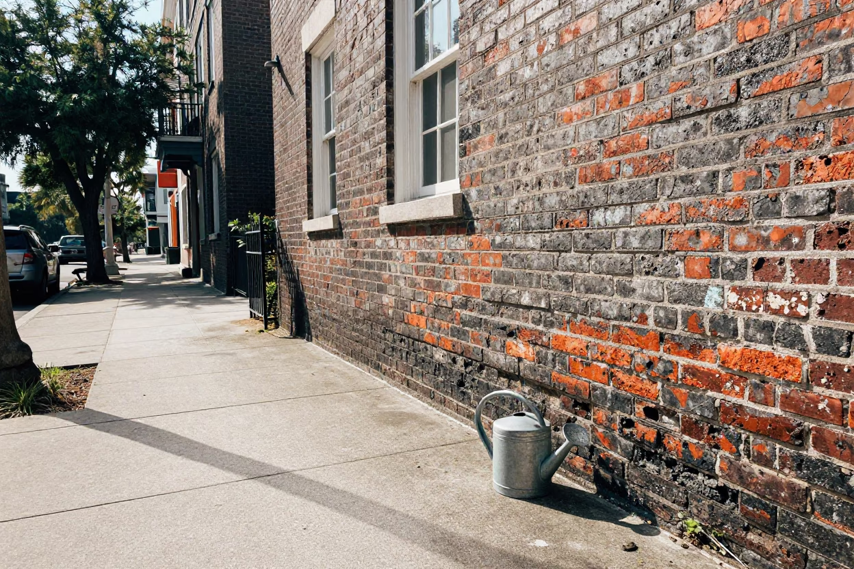Bright Midmorning Charleston Street Scene with Watering Jug and Water Rings in in Charleston, South Carolina, United States