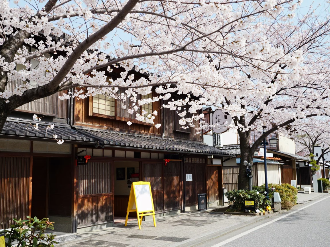 Bright Midmorning Cherry Blossom Bloom Over Kyoto Street Scene in in Kyoto, Japan
