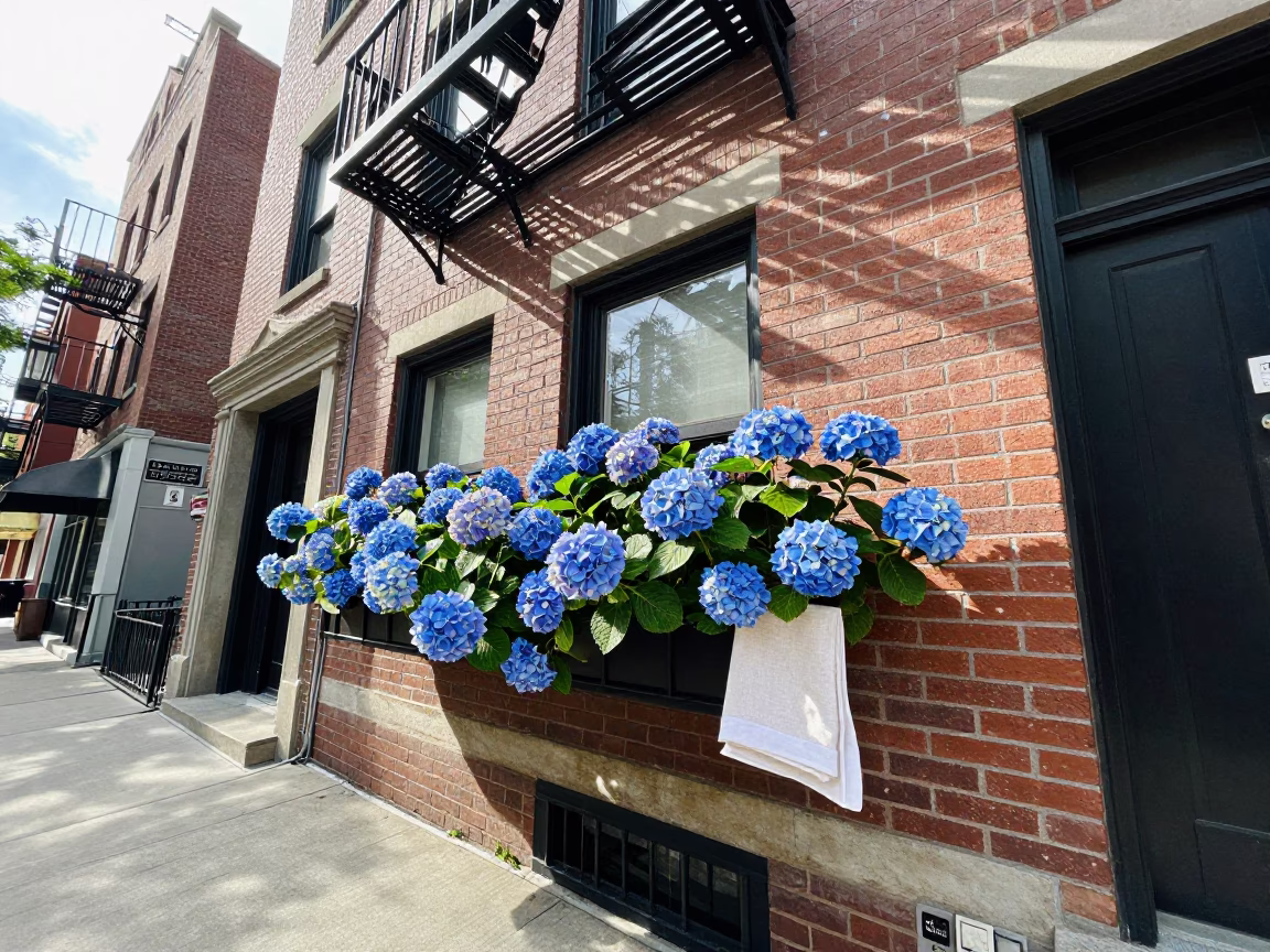 Bright Midmorning Chicago Street Scene with Linen Napkin and Hydrangeas in in Chicago, Illinois, United States