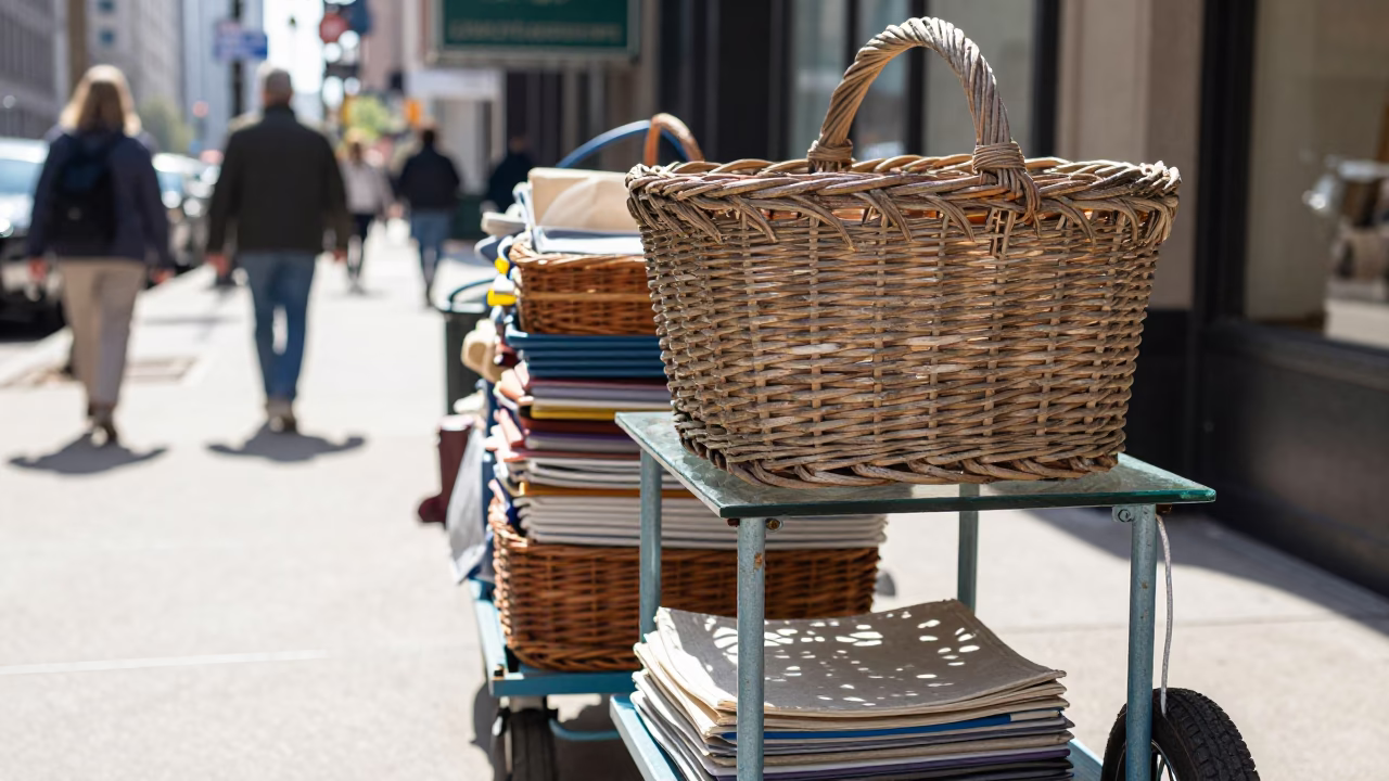 Bright Midmorning Chicago Street Scene with Weathered Wicker and Glass Display in in Chicago, Illinois, United States