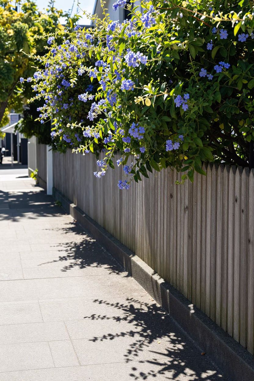 Bright Midmorning Christchurch Street Scene with Morning Glory Fence and Local Interaction in in Christchurch, New Zealand