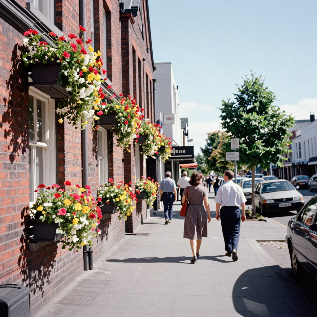 Bright Midmorning Christchurch Street Scene with Window Boxes and River Bridge View in in Christchurch, New Zealand