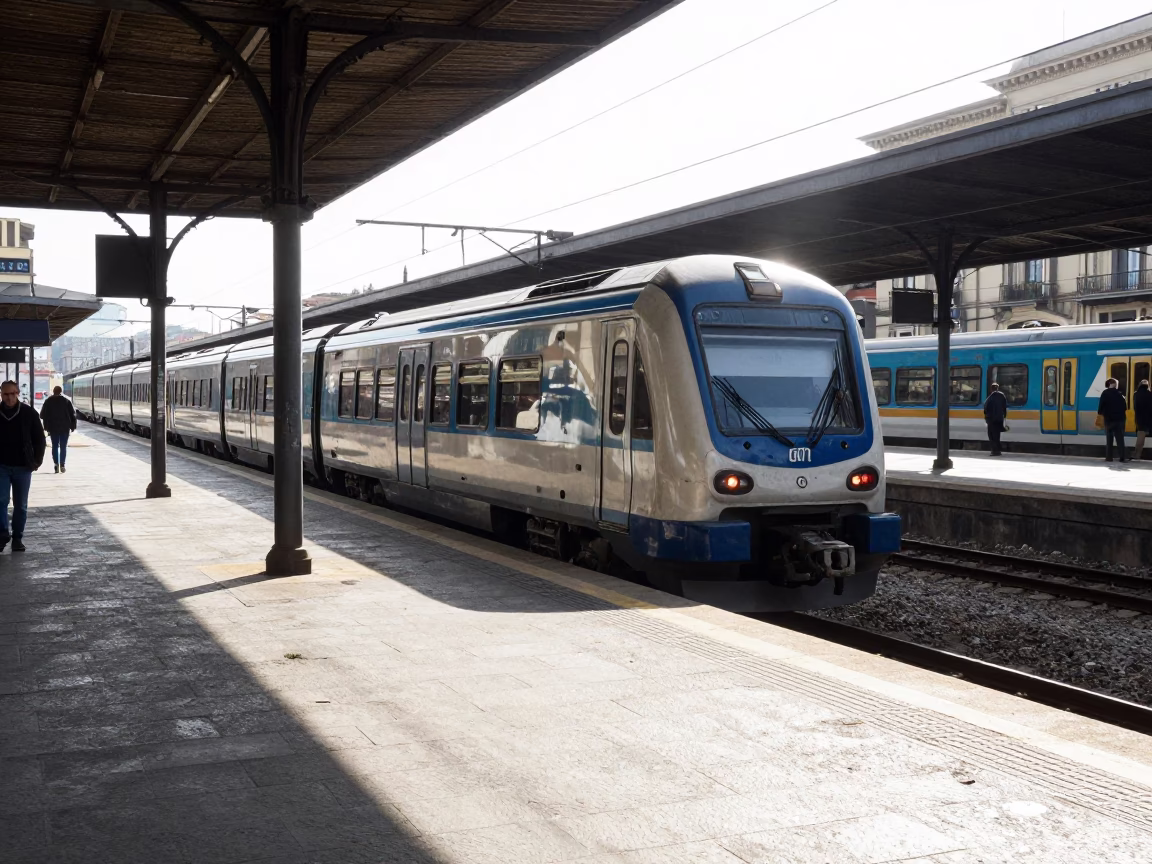 Bright Midmorning Commuter Train Scene on Naples Italy Platform with Morning Travelers in in Naples, Italy
