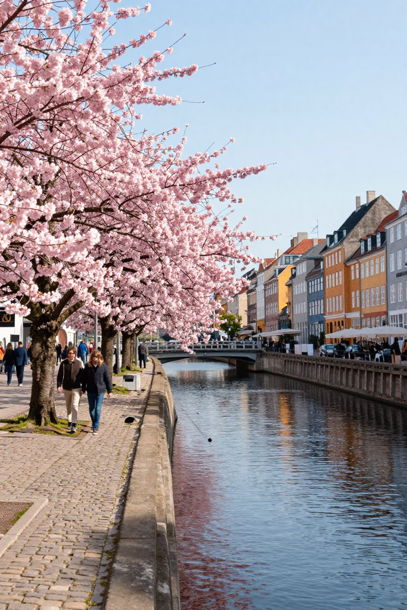 Bright Midmorning Copenhagen Canal Scene with Cherry Trees and Local Life in in Copenhagen, Denmark