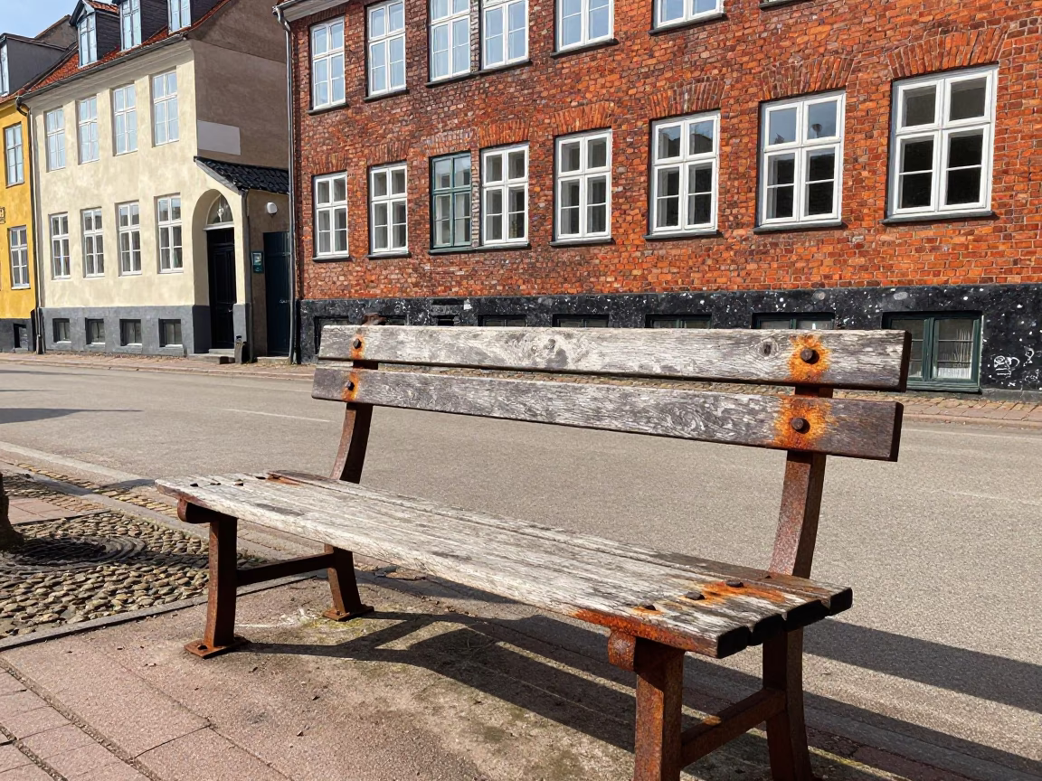 Bright Midmorning Copenhagen Street Scene with Rusty Bench and Harbor Water Reflections in in Copenhagen, Denmark