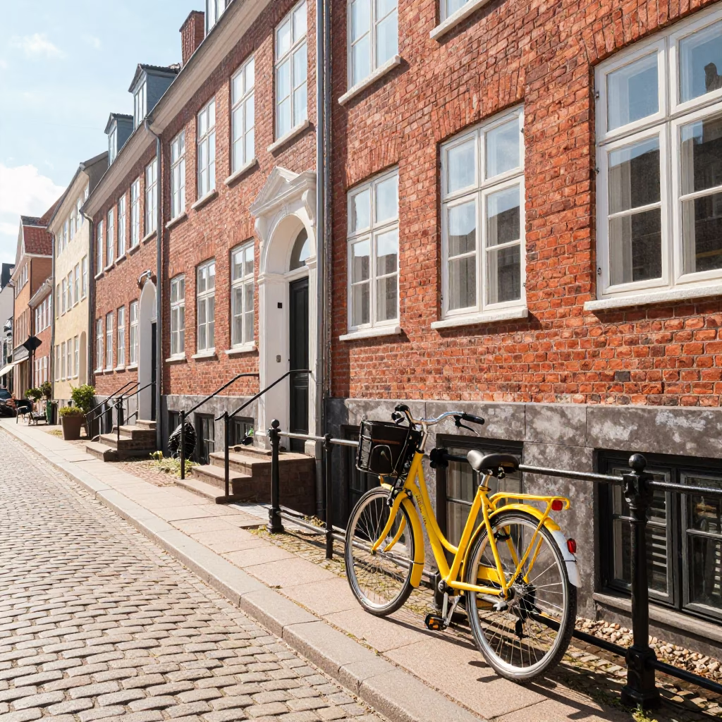 Bright Midmorning Copenhagen Street Scene with Vintage Yellow Bicycle and Traditional Brick Architecture in in Copenhagen, Denmark